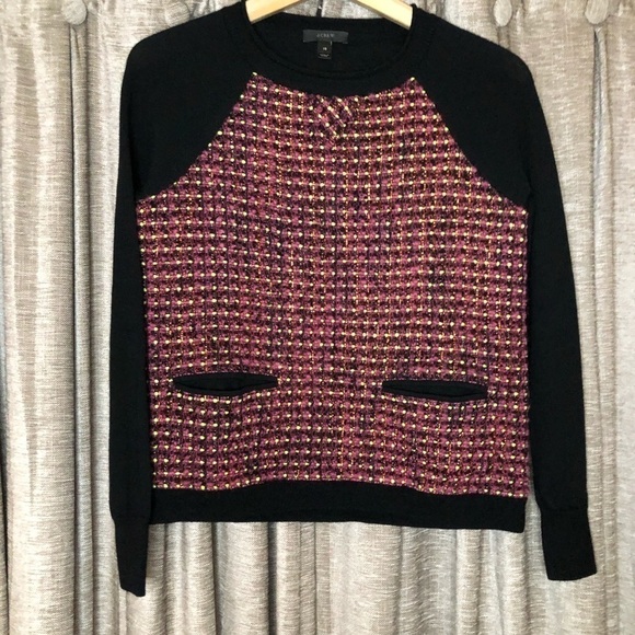 J. Crew Pink Tweed Front Navy Crew Neck Sweater - Picture 2 of 10